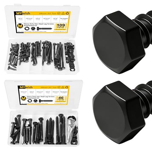 Mywish 109Pcs 1/4" Hex Head Lag Screws Assortment Kit & 46Pcs 3/8" Hex Head Lag Screws Assortment Kit, Heavy Duty Lag Bolts with Washers, 304 Stainless Steel Bolts 18-8, 5-Size Wood Screws