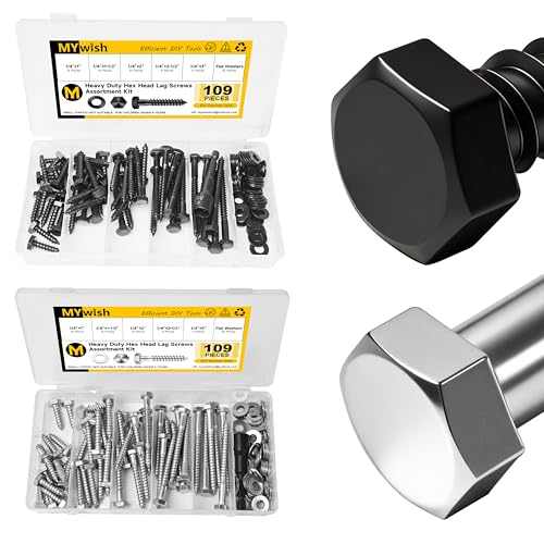 Mywish 109Pcs 1/4" Black Hex Head Lag Screws Assortment Kit & 109Pcs 1/4 SIiver Hex Head Lag Screws Assortment Kit, Heavy Duty Lag Bolts with Washers, 304 Stainless Steel Bolts 18-8 5-Size Wood Screws