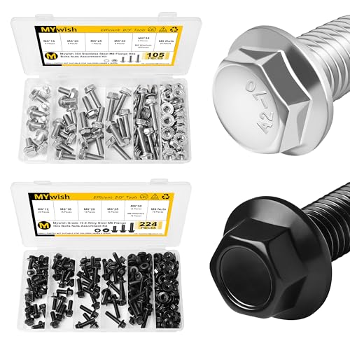 Mywish 105Pcs M8x1.25 Bolt x 16/20/25/30/35mm Flanged Hex Head M8 Bolt & 224Pcs M6 Bolt M6 x 12/16/20/25/30mm, Flanged Hex Head Nuts and Bolts, Metric Assorted Bolts Nuts and Washers Kit