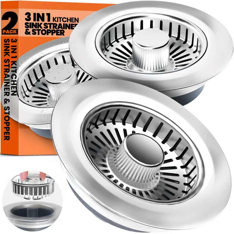 Kitchen Sink Drain Strainer & Sink Stopper, Upgraded 3 in 1 Stainless Steel Drain Plug Combo with Anti-Clog Basket, Pop Up Drain Cover for Standard 3-1/2'', Fits Double Bowl Kitchen Sinks 2pack Chrome Silver