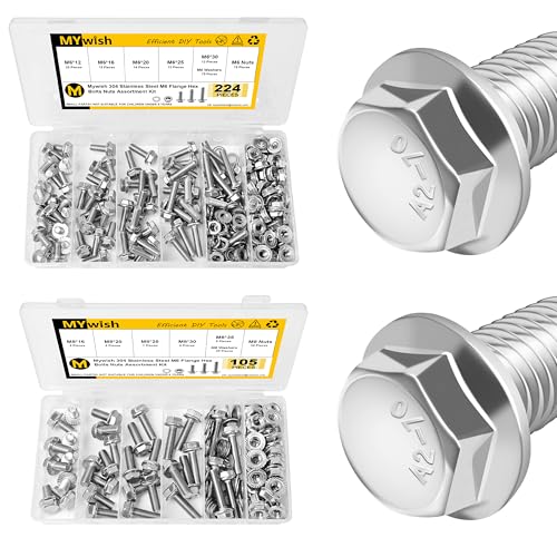 Mywish 224Pcs M6 Bolt x 12/16/20/25/30mm & 105Pcs M8x1.25 Bolt x 16/20/25/30/35mm, Flanged Hex Head Bolts with Flange Nuts Washers, 304 Stainless Steel Nuts and Bolts Assortment Kit