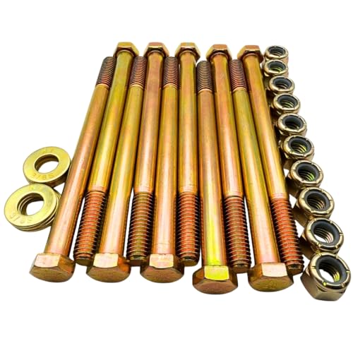 3/8"-16 x 5 Grade 8 Bolts (10-Pack) – Heavy-Duty Hex Bolts Includes Flat Washers & Nylon Lock Nuts – High-Strength SAE Anti-Vibration 5.0" Coarse Bolts for Automotive, Machinery & Construction 3/8" x 5" Nylon Lock Nut 10