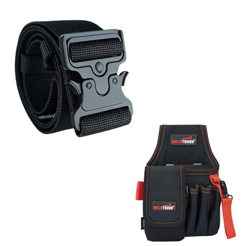 MELOTOUGH 2" Nylon Web Work Tool Belt for Men with Heavy Duty Quick Release Rugged Metal Buckle + Small Tool Pouch with Belt Clip, Pocket Tool Belt Pouch,Electrician Clip on Tool Pouch