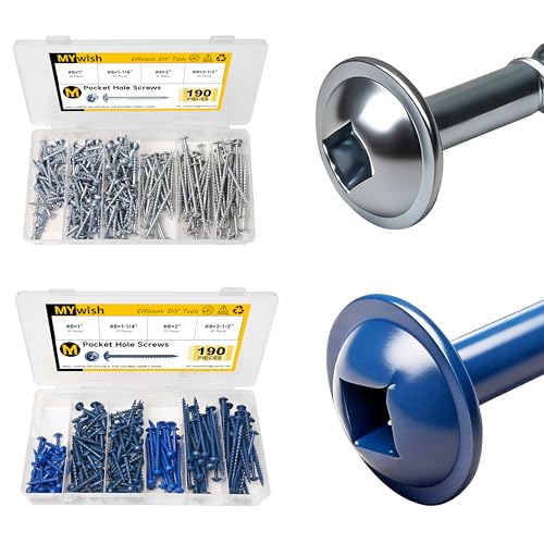 Mywish 190Pcs #8 Pocket Hole Screws, Wood Screws Assortment Kit & Blue 190Pcs #8 x 1, 1-1/4", 2", 2-1/2", Self Tapping Pocket Screws with Square Drive, with 150MM Pocket Hole Drill Bit