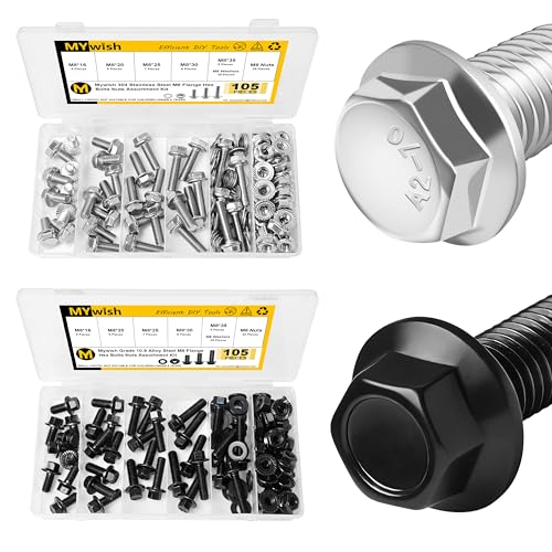 Mywish 105Pcs M8x1.25 Bolt x 16/20/25/30/35mm Flanged Hex Head Bolts, 1Pack 304 Stainless Steel & 1Pack 10.9 Alloy Steel, Flange Hexagon Screws Serrated Flange Nuts and Bolts Assortment Kit