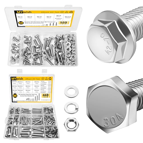 Mywish 105Pcs M8x1.25 Bolt x 16/20/25/30/35mm Flanged Hex Head Bolts & 448PCS M5 M6 M8 Screw Set, Metric Bolt Assortment, 304 Stainless Steel Serrated Nuts and Bolts, Flat & Spring Washers