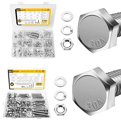 Mywish 719PCS M4 M5 M6 Bolt Screw Set, Metric Bolt Assortment & 254Pcs Nuts and Bolts, 1/4 20 5/16 18 3/8 16 Bolt, 304 Stainless Steel, Nuts and Bolts Set Flat & Spring Washers