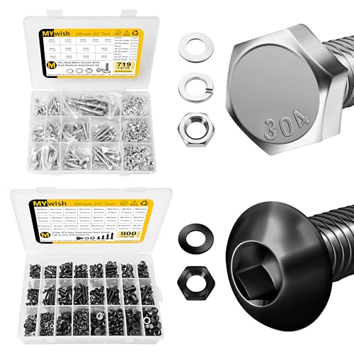 Mywish 719PCS M4 M5 M6 Bolt Screw Set, Metric Bolt Assortment & 900Pcs M3 M4 M5 M6 Metric Screws Assortment kit, Nuts and Bolts Set Flat & Spring Washers, Hex Head Cap Screws Bolts and Nuts Kit