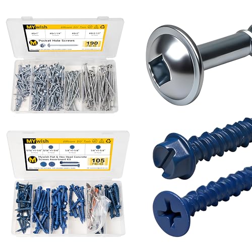Mywish 190Pcs #8 Pocket Hole Screws, Wood Screws Assortment Kit & 105Pcs Concrete Screws Assortment Kit, Self Tapping Pocket Screws with Square Drive, Concrete Screws Set for Concrete Masonry