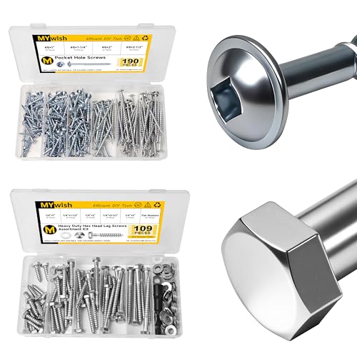 Mywish 190Pcs #8 Pocket Hole Screws, Wood Screws Assortment Kit & 109Pcs 1/4 Hex Head Lag Screws Assortment Kit, Self Tapping Pocket Screws with Square Drive, Lag Bolts with Washers