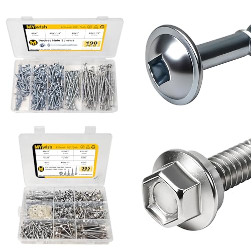 Mywish 190Pcs #8 Pocket Hole Screws, Wood Screws Assortment Kit & 1385 Pieces #8#10#12 Hex Head Self Drilling Screws Assortment Kit, Self Tapping Pocket Screws, High Strength Sheet Metal Screws