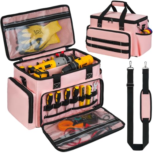Pink Tool Bag for Women, Heavy-Duty 15-Inch Portable Tool Box Tote Pink