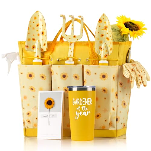 Garden Tool Set with Sunflower Print, Heavy Duty Gardening Hand Tools with Garden Tool Bag,Gardening Gifts for Women&Men,Yellow Gardener of the Year