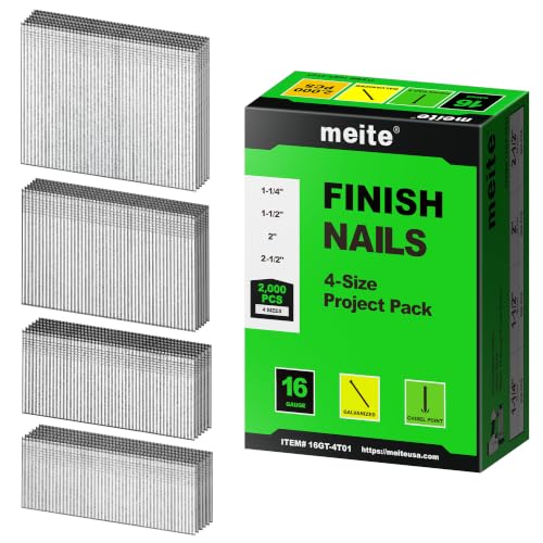meite 16 Gauge Finish Nails 4 Sizes Straight T-Nails Galvanized 2,000PCS 1 Box 4-Size Pack (2,000 Pcs)