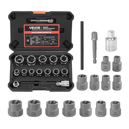 VEVOR Bolt Extractor Kit, 16 Pieces Impact Bolt & Nut Remover Set with Adapters and Pin Punch, Solid Storage Case, Cr-Mo Steel for Removing Damaged, Rusted, Stripped, Rounded Bolts, Nuts and Screws 16 PCS