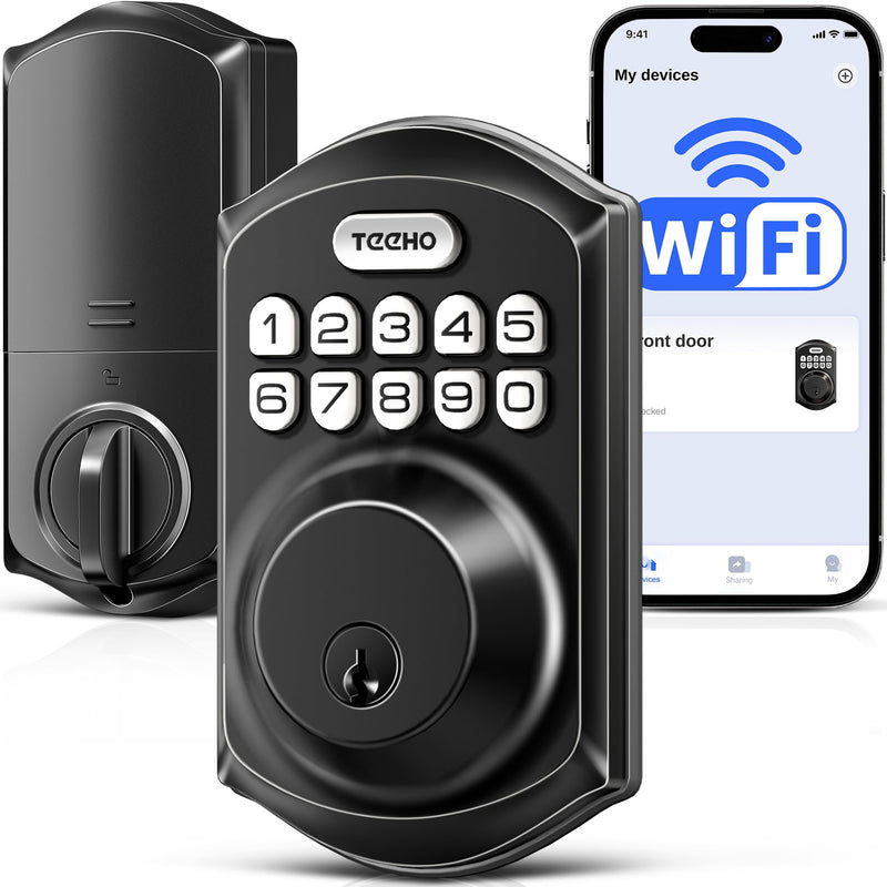TEEHO TE011W Wi-Fi Keyless Entry Door Lock with Keypad - Smart Deadbolt Lock for Front Door with 2 Keys - Remote Control, Compatible with Alexa & Google, APP Unlock - Easy Installation - Matte Black