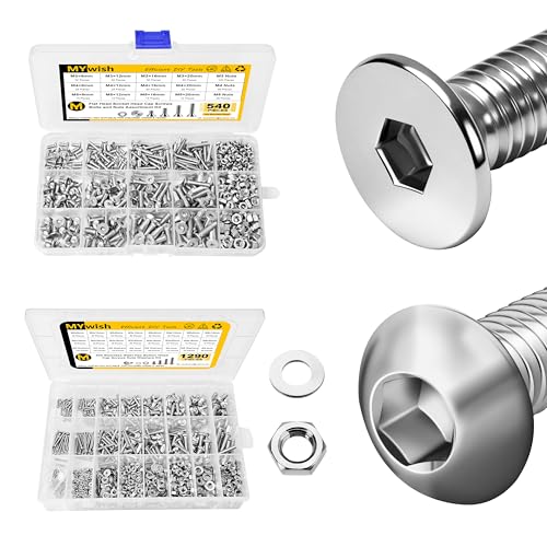 Mywish 540Pcs Metric M3 M4 M5 Screws Assortment Kit & 1290 Pieces M2 M3 M4 M5 Screw Nuts and Bolts Assortment Kit, 304 Stainless Steel 3D Printer DIY Metric Bolt Assortment, Spring & Flat Lock Washers