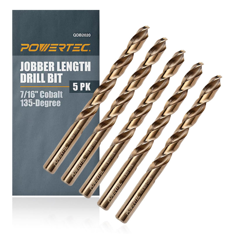 POWERTEC 7/16" Cobalt Drill Bits - 5 Pack - 5-35/64" Length - M35 HSS Jobber Length Twist Bits with 135° Tip for Drilling Wood, Metal, Stainless Steel, Nickel Alloy, Cast Iron & Plastic (QDB2020V) 7/16", 5PK