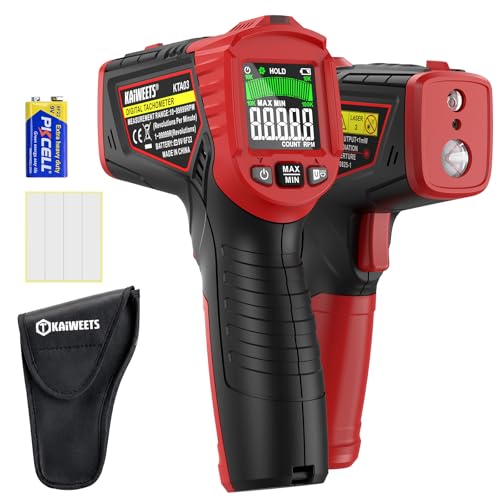 KAIWEETS Laser Tachometer Digital RPM Meter Non Contact Motor Speed Tester 10-99999 RPM, Handheld Tachometer with Large LCD Display, Max Min Memory, Reflective Tape for Engines Motors Fans