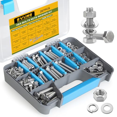 267PCS Hex Bolts and Nuts Assortment Kit,1/4-20, 5/16-18, 3/8-16 Bolt Nut and Flat Washers Assorted,304 Stainless Steel, Fully Threaded SS 1/4,5/16,3/8 267PCS Hex Bolt