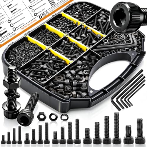 mankk 2000PCS Metric Screw Bolt Assortment Kit M2/M3/M4/M5/M6 Hex Socket Head Cap Bolts Nuts & Washers Set 12.9 Grade Alloy Steel Zinc Plated Metric Machine Screws Hex Socket Cap