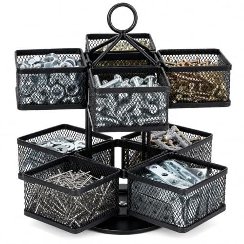 Mesh Metal Toolbox Organizer With 8 Rotating Bins, 360° Hardware Storage Rack, Small Tool Box for Screws, Nuts, Bolts, Washers, Drill Bits and Pliers in Garage Workshop, Black