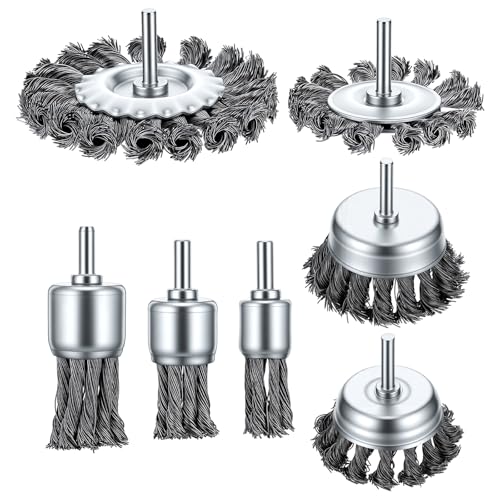 7 Pcs Twist Knot Wire Wheel Brush for Drill Crimped Cup Wire Wheels Brush Set for Drill with 1/4-Inch Shank for Heavy Duty Rust Removal, Corrosion, Paint Removal and Scrub Surfaces