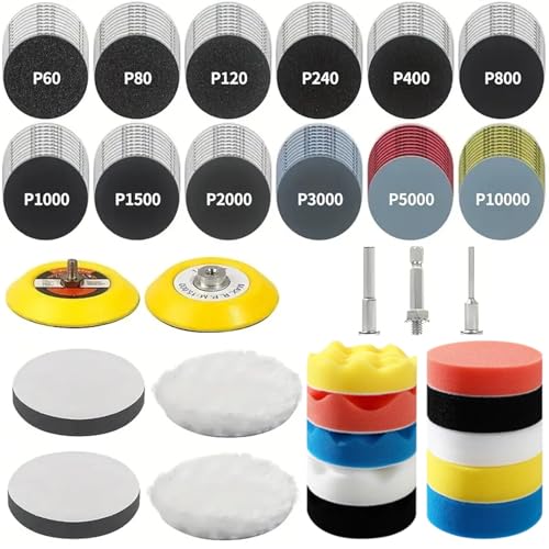 Pack of 200 50 mm Sanding Discs Set, Headlight Sandpaper Treatment Set, Wet Dry Sanding Pads and Polishing Pad with 60-10,000 Grit for Cordless Screwdriver, Dremel Accessories, Metal, Wood, Glass (A) | 200 Stück Nass Trockene Schleifpads und Polierpad ...