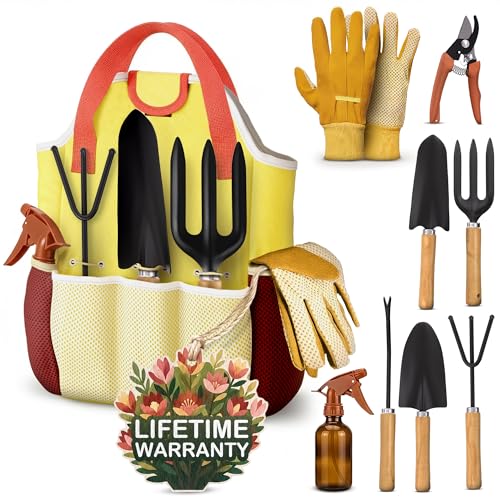 10 Pcs Gardening Tool Set for Women, Rust-Resistant Steel, Tote Bag Yellow Set of 10