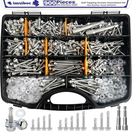 900PCS #8#10#12 Self Tapping Screws for Metal, 410 Stainless Steel Hex Washer Head Self Drilling Sheet Metal Screws Assortment Kit with Rubber Washers Silver
