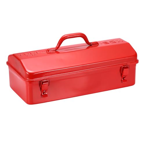 HARFINGTON Portable Tool Box, 17" x 8" x 4" Trunk Tool Storage Box Steel Organizer Mountain Toolbox Double Metal Latch with Handle for Garage Warehouse Workshop Household, Red 17" x 8" x 4"