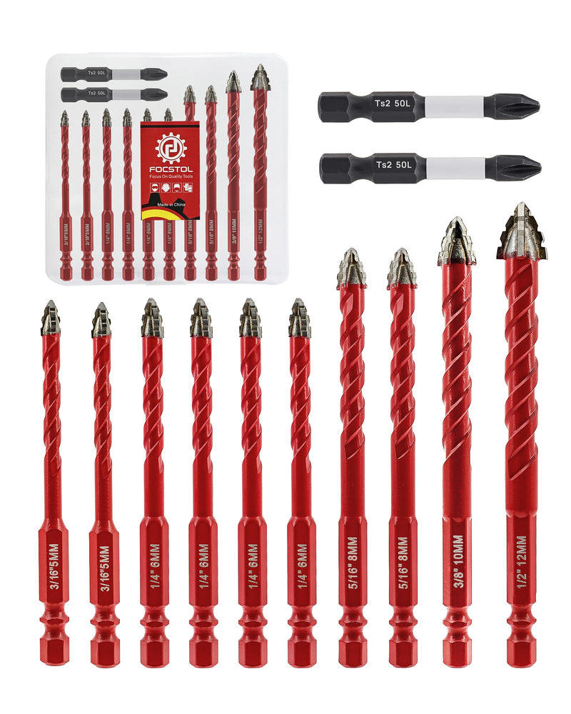 FOCSTOL Serrated Masonry Drill Bit Set 12pcs - High-Strength Eccentric Twist Drill Bit for Wood Plastic Masonry Ceramic Tile Concrete Marble 3/16''-1/2'' 3/16''-1/2'' 12