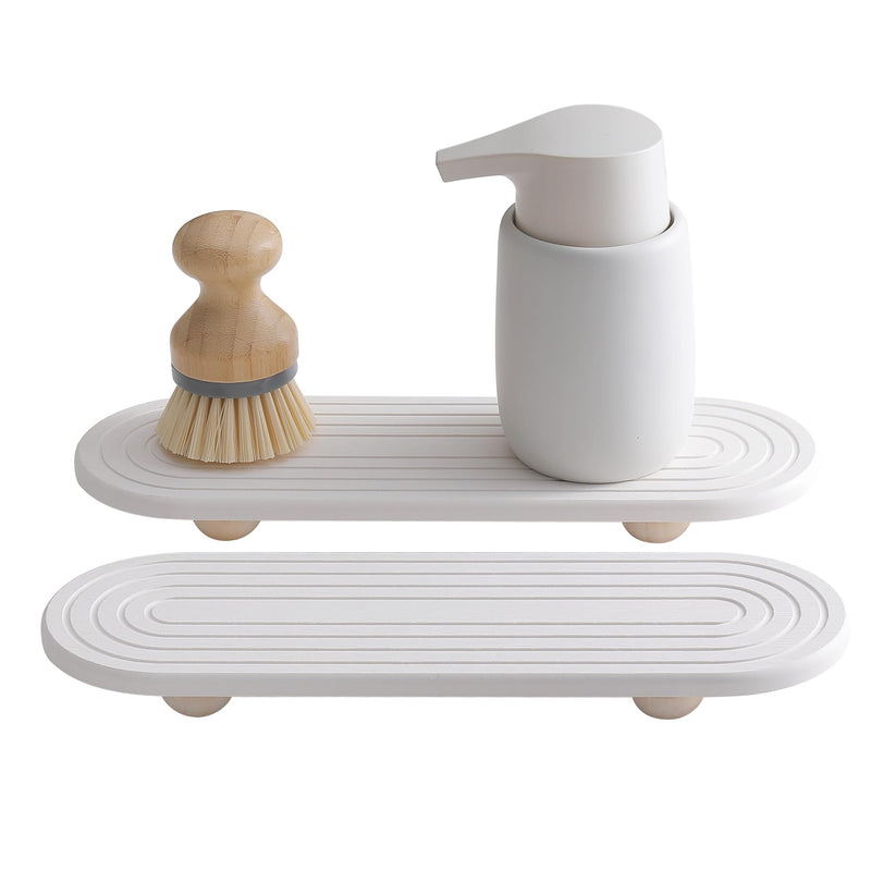 2PCS Water Absorbing Stone Tray for Sink, Quick Drying Diatomite Bathroom Tray Countertop, Stone Drying Mat for Kitchen Counter Faucet, Soap Dish Dispenser Vanity Organizer, White-11.8" x 4" White3