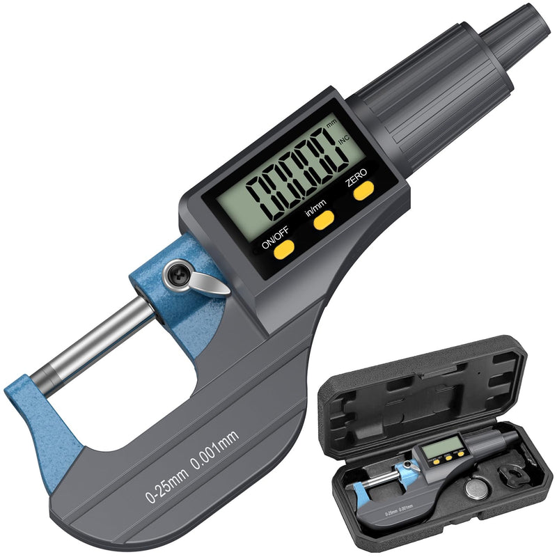 Micrometer Digital Outside Micrometer Measuring Range 0-25.4 mm, Resolution 0.001 mm / 0.00005 Inch, Electronic Micrometer LCD Micrometer, Thickness Gauge Tester, Length Measuring Tool