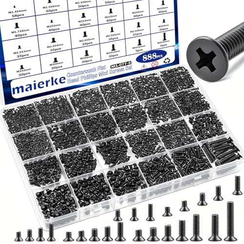 24Sizes 888Pcs Tiny Micro Laptop Computer Screw Kit M1.4/M1.7/M2/M2.5/M3/M4 Countersunk Flat Head Phillips Mini Repair Screws Set for Machinery, Furniture, Automotive, Motorcycle