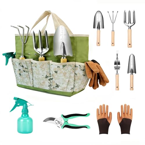 Garden Tool Set, 9 Pcs Heavy Duty Stainless Steel Gardening Hand Tool, Green Garden Tool Bag Kit, Gardening Supplies Gifts for Women Men Mom Dad Gardener Beginner Green-Yellow Flower