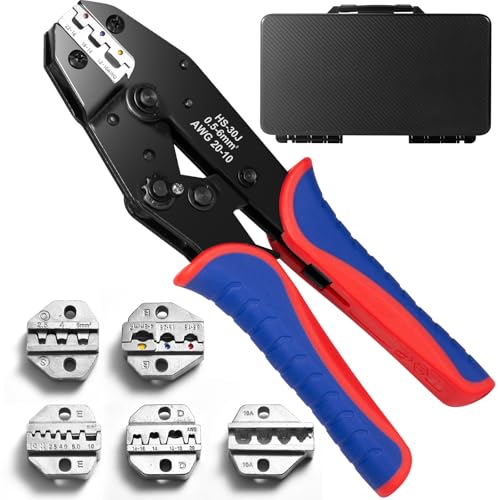 Crimping Tool Set, Ratchet Wire Crimper Tool For Heat Shrink, Insulated Nylon,Non-Insulated,Ferrule Wire End, Open Barrel Terminals, Solar Connectors - Crimper with 6 Interchangeable Die