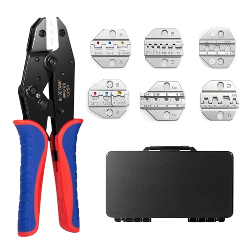 6Pcs Crimping Tool, Ratchet Wire Crimping Tool Set, for Heat Shrink, Insulated Nylon, Ferrule Wire End, Non-Insulated, Open Barrel Terminals, Solar Connectors, with Storage Box 6