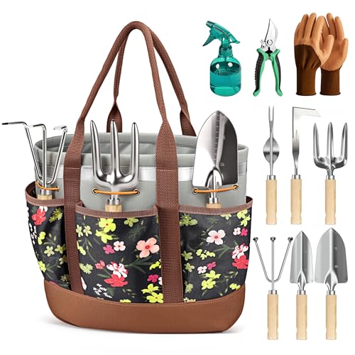 10Pcs Garden Tool Set, Rust-Proof Stainless Steel, Ash Wood Handles Brown