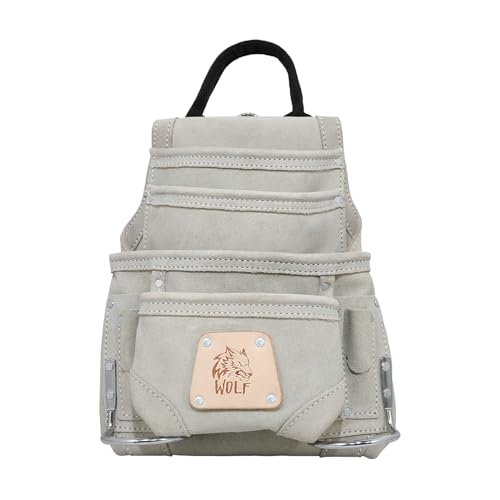 WOLF WTH2142I Heavy-Duty Genuine Reversed Leather 10-Pocket Tool Bag | Bolsa Cuero Para Hombres | Contractors Carpenters Handyman | Tool bag for Men | Bolsa de Trabajo de Cuero | Grey Suede