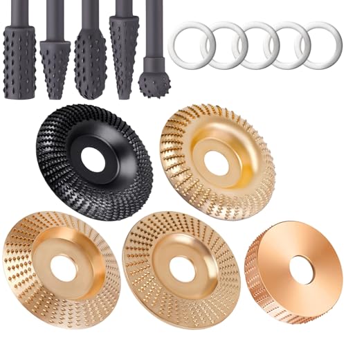 Heavy-Duty 5PCS Wood Carving Disc Set+5PCS Rotary Burr Rasp Set,4" or 4 1/2" Angle Grinder with 7/8" Arbor,Grinding Wheel Shaping Discs for Wood Grinding,Wood Angle Grinder Accessories 15