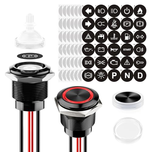 2 x 22 mm LED Switch Metal Push Button, Pre-Wired 20 A 12-24 V DC IP67 Light Button with 185 Interchangeable Symbols 1NO1NC for Car, Boat, Satellite Circuit (Red LED) | Metall Vorverdrahtet Ip67 druckschalter Mit 185 Austauschbaren Symbolen 1no1nc Für ...