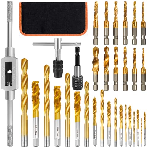 Metric Tap and Die Set, 34 Pcs Adjustable Drill and Tap Set with Tap Wrench, Quick Change Bit Holder, Twist Drill Bits, and M2-M12 Taps, Hand Screw HSS Thread Tap Set, Drill Tap Set for Metal Wood