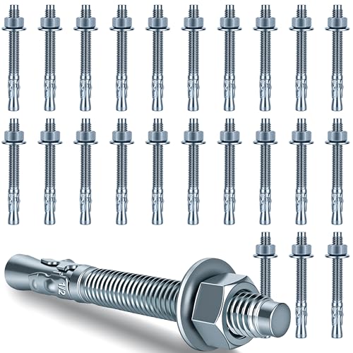 1/2 x 4-1/2 inch Wedge Anchors, 24 pcs Concrete Screw and Anchor Kit, Galvanized Concrete Anchors, Concrete Wall Anchors and Brick Anchors, Suitable for Concrete Floors and Walls 1/2 x 4-1/2In