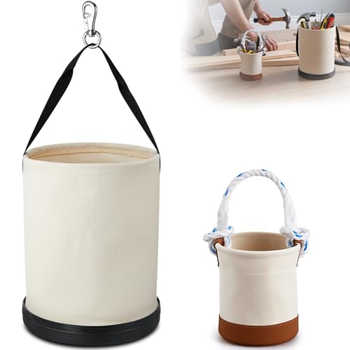 2 Pcs Canvas Bucket Bundle with Large Canvas Tool Bag and Mini Bucket All-Purpose Lineman Bag Tool Organizer for Outdoor Work and Maintenance White Essential Style