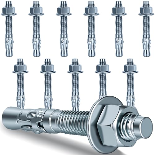 1/2 x 3-3/4 inch Wedge Anchors, 12 pcs Concrete Screw and Anchor Kit, Galvanized Concrete Anchors, Concrete Wall Anchors and Brick Anchors, Suitable for Concrete Floors and Walls 1/2 x 3-3/4In