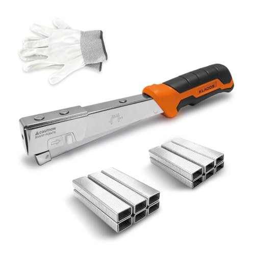Compact Hammer Tacker Stapler Kit, All-Steel with Jam-Resistant Mechanism, with 1200 T50 Staples (1/4 in & 5/16 in) and Work Gloves for House Wrap, Insulation & DIY 1050301