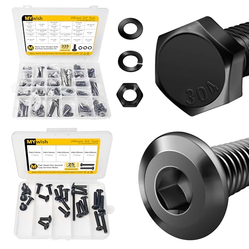 Mywish 335PCS SAE Hex Head Nuts and Bolt Assortment Kit & Mywish M6 Bolts x 12/16/20/25/30mm 25Pcs Flat Head Hex Socket Cap Screws Bolts Assortment Kit
