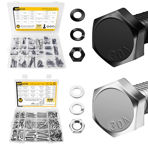 Mywish 335PCS SAE Hex Head Nuts and Bolt Assortment Kit & 448Pcs M5 M6 M8 Hex Head Nuts and Bolts Assortment Kit, Heavy Duty Metric Bolt Assortment