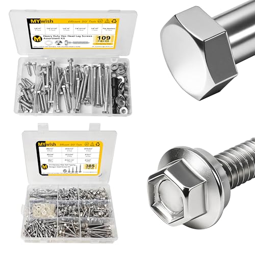 Mywish 1/4 Hex Head Lag Screws Assortment Kit & Mywish 410 Stainless Steel Self Tapping Screws for Metal, 385 Pieces #8#10#12 Hex Head Self Drilling Screws Assortment Kit, Length 1/2" to 2"